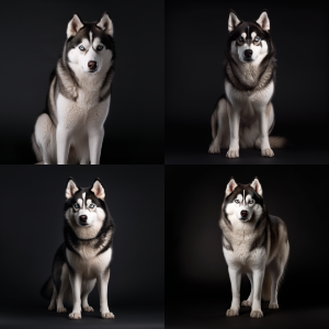 Midjourney（ミッドジャーニー）のプロンプト「full body Siberian Husky,photography,face view,looking at camera --v 5」生成結果